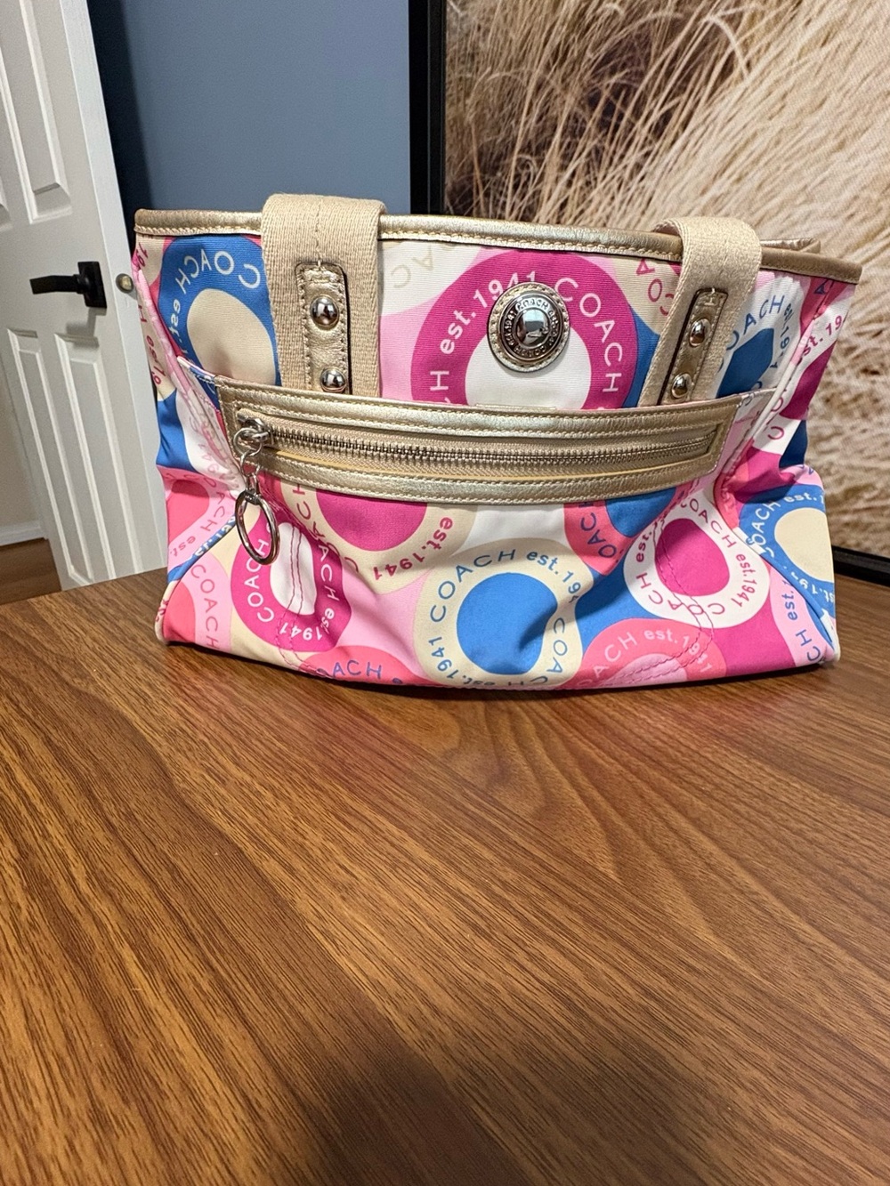 COACH Pink Blue Circle Logo Tote with Gold Trim